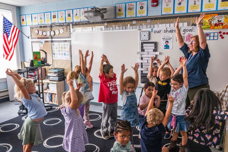 Pre-K/kindergarten teacher Lisbeth McGregor instructs her students at Mackinac Island School, Wednesday, Sept. 24, 2025. McGregor lives in St. Ignace and commutes back and forth daily to teach on the island.