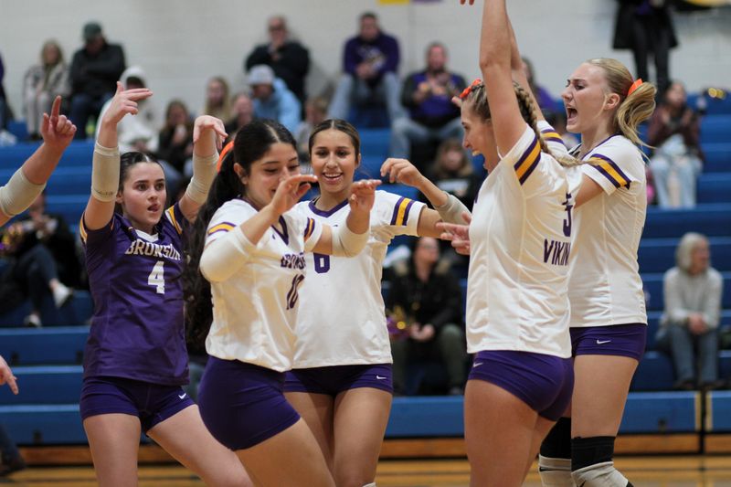 Bronson players celebrate a point scored against Constantine on Tuesday.