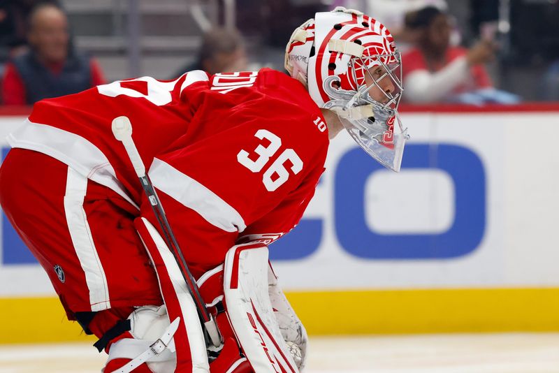 Detroit Red Wings goaltender John Gibson (36) gets set in the first period against the Anaheim Ducks at Little Caesars Arena in Detroit on Thursday, Nov. 13, 2025.