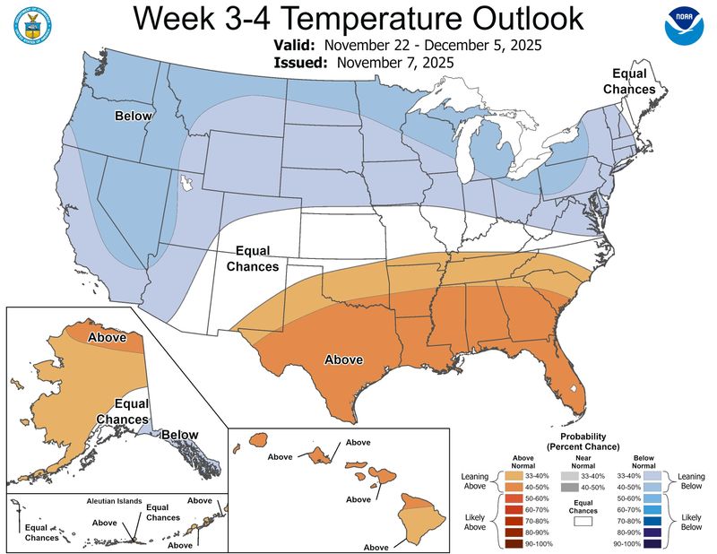 Climate Prediction Center shows temperature outlook from Nov. 22 to Dec. 5, 2025.