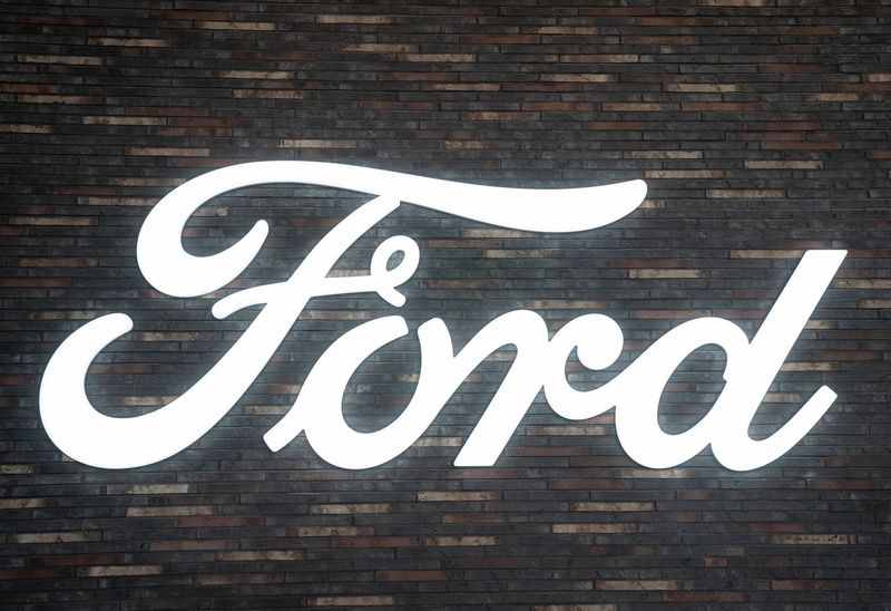 The Ford logo in the Oakwood Boulevard lobby at new Ford World Headquarters on Monday, Nov. 10, 2025.