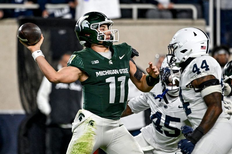 Michigan State's Alessio Milivojevic throws a pass against Penn State during the fourth quarter on Saturday, Nov. 15, 2025, at Spartan Stadium in East Lansing.