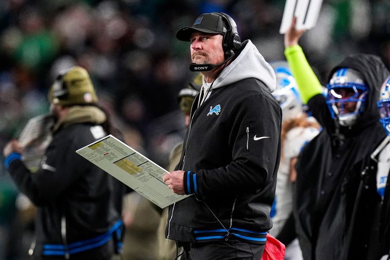 Detroit Lions head coach Dan Campbell watches a play against Philadelphia Eagles during the first half at Lincoln Financial Field in Philadelphia on Sunday, November 16, 2025.