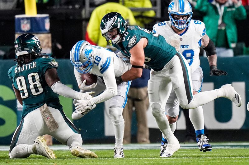 Detroit Lions quarterback Jared Goff is sacked by Philadelphia Eagles linebacker Jaelan Phillips (50) during the first half at Lincoln Financial Field in Philadelphia on Sunday, November 16, 2025.