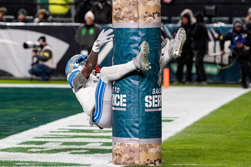 Detroit Lions wide receiver Jameson Williams (1) celebrates a touchdown against Philadelphia Eagles during the first half at Lincoln Financial Field in Philadelphia on Sunday, November 16, 2025.