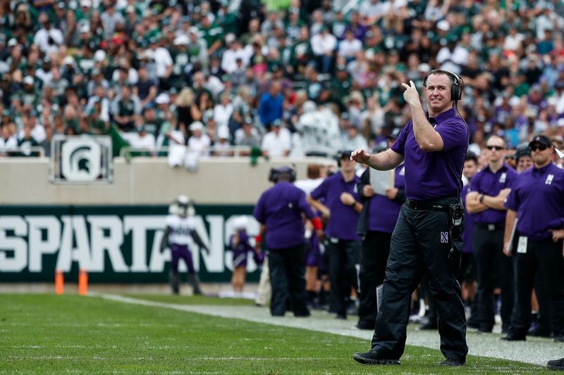 Northwestern head coach Pat Fitzgerald reacts to a play against Michigan State during the first half at Spartan Stadium, Saturday, Oct. 6, 2018.

Pat Fitzgerald