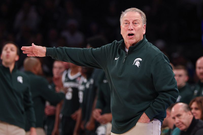 Nov 18, 2025; New York, New York, USA; Michigan State Spartans head coach Tom Izzo reacts during the first half against the Kentucky Wildcats at Madison Square Garden. Mandatory Credit: Vincent Carchietta-Imagn Images