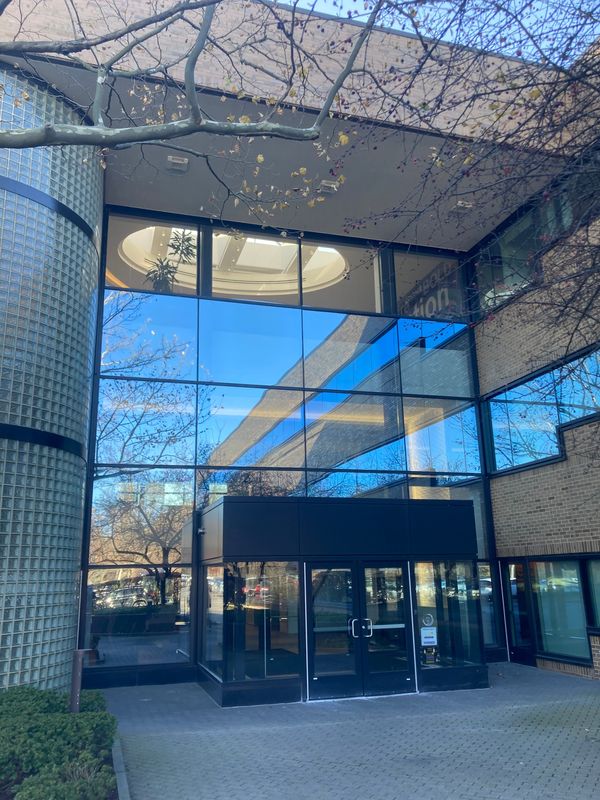 The entrance to the Taubman headquarters in Bloomfield Hills.