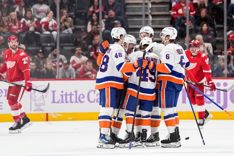 New York Islanders players celebrates a goal against Detroit Red Wings during the first period at Little Caesars Arena in Detroit on Thursday, November 20, 2025.