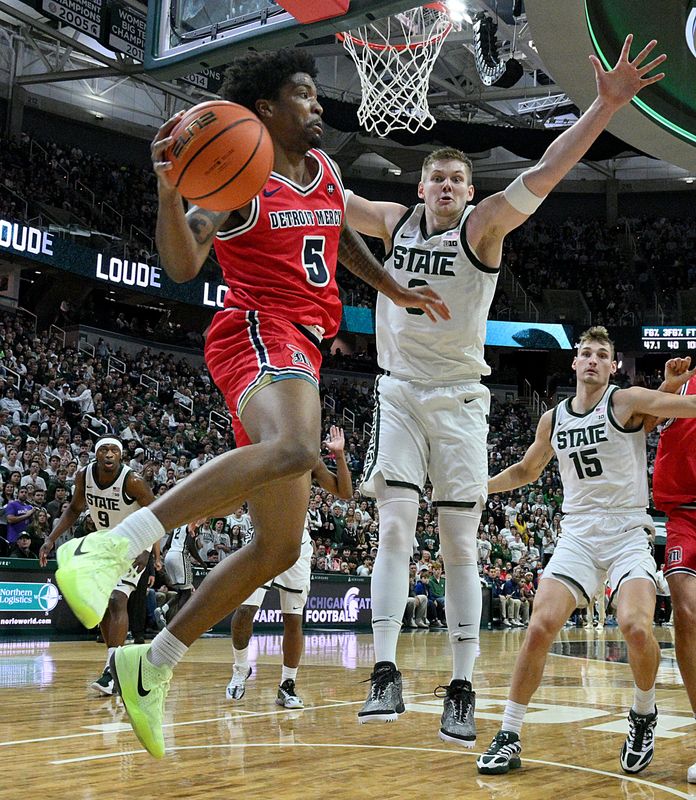Michigan State Spartans forward Jaxon Kohler (0) defends Detroit Mercy Titans guard Orlando Lovejoy (5) during the first half at Breslin Center in East Lansing on Friday, Nov. 21, 2025.