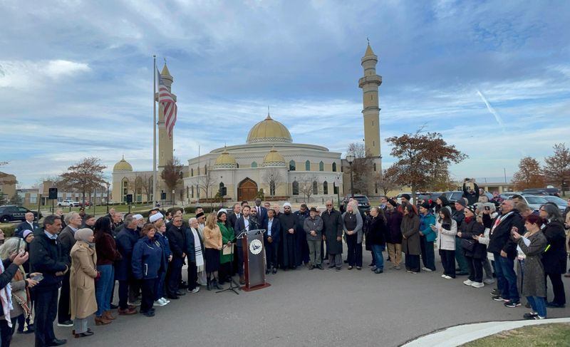 Dearborn Mayor Abdullah Hammoud speaks on Friday, Nov. 21, 2025, in front of the Islamic Center of America in Dearborn. He's joined by other elected officials and religious leaders three days after contentious protests in the city.