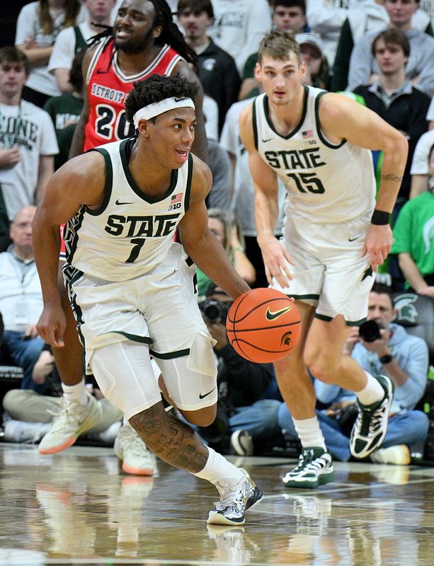 Nov 21, 2025; East Lansing, Michigan, USA; Michigan State Spartans guard Jeremy Fears Jr. (1) put up a double-double against the Detroit Mercy Titans at Jack Breslin Student Events Center. Mandatory Credit: Dale Young-Imagn Images