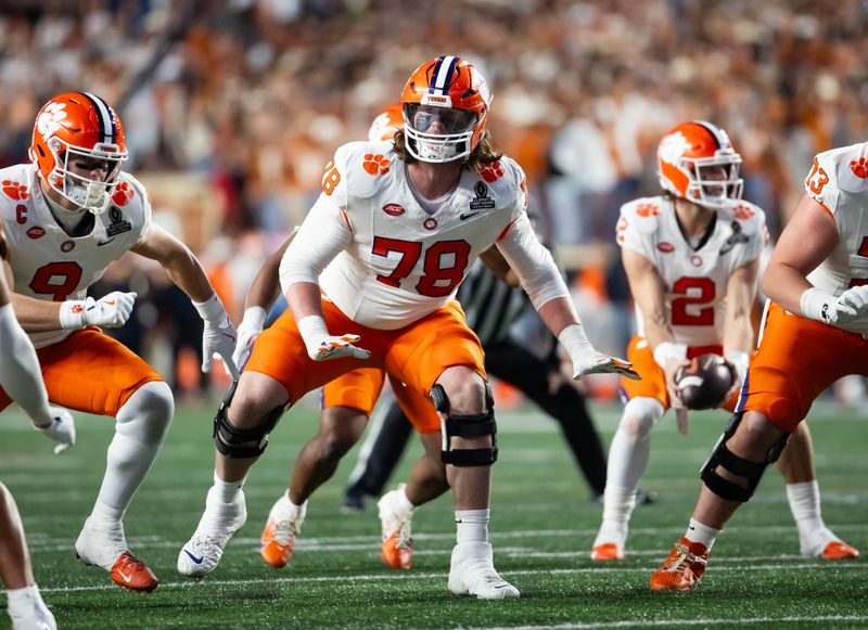 Dec 21, 2024; Austin, Texas, USA; Clemson Tigers offensive lineman Blake Miller (78) against the Texas Longhorns during the CFP National playoff first round at Darrell K Royal-Texas Memorial Stadium. Mandatory Credit: Mark J. Rebilas-Imagn Images