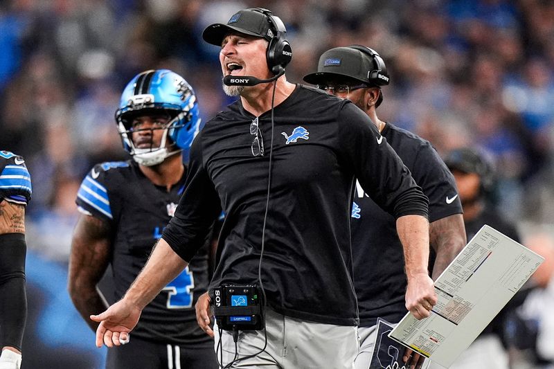 Detroit Lions head coach Dan Campbell reacts to a play against New York Giants during the first half at Ford Field in Detroit on Sunday, Nov. 23, 2025.