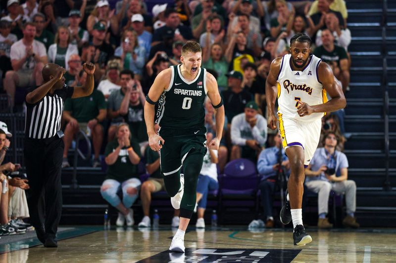 Nov 25, 2025; Fort Myers, Florida, USA; Michigan State Spartans forward Jaxon Kohler (0) reacts after a basket against the East Carolina Pirates in the first half at Suncoast Credit Union Arena. Mandatory Credit: Nathan Ray Seebeck-Imagn Images
