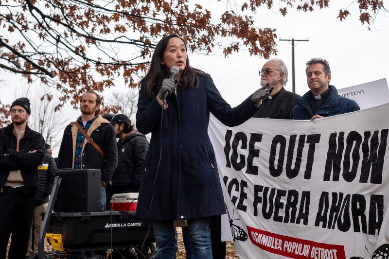 State Sen. Stephanie Chang, who represents Michigan’s 3rd District, speaks during a protest at Clark Park in southwest Detroit on Tuesday, Nov. 25, 2025. The protest was organized after two students were detained by U.S. Immigration and Customs Enforcement (ICE) and included calls for expanded safeguards for immigrant families.
