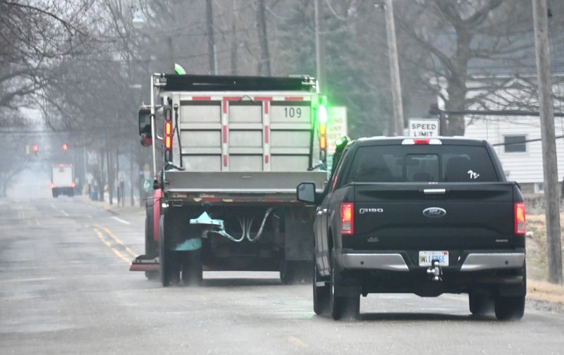 Drivers are reminded to stay back away from trucks spreading salt and plowing snow on area roadways.