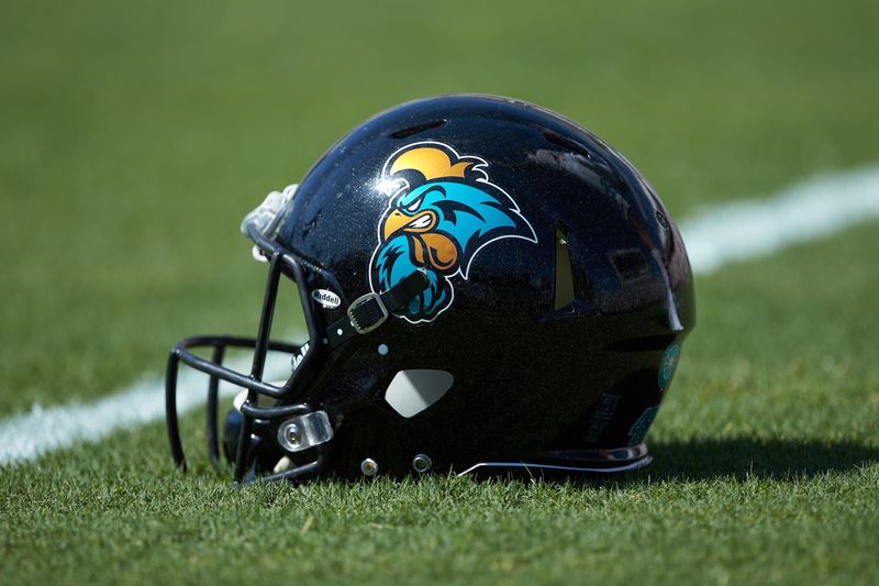 Sep 1, 2018; Columbia, SC, USA; A Coastal Carolina Chanticleers helmet sits on the field prior to the start of the NCAA football game against the South Carolina Gamecocks at Williams-Brice Stadium. Mandatory Credit: Brian Westerholt-USA TODAY Sports