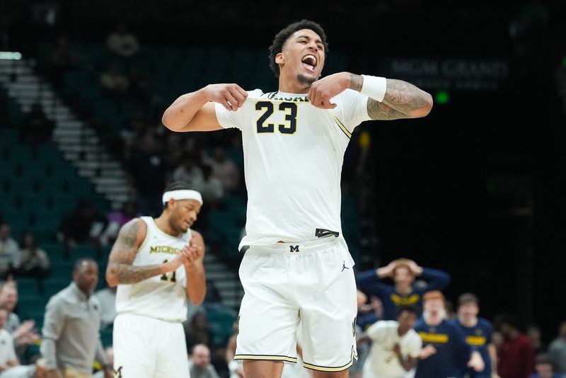 Nov 26, 2025; Las Vegas, NV, USA; Michigan Wolverines forward Yaxel Lendeborg (23) reacts in the second half against the Gonzaga Bulldogs in the 2025 Players Era Festival championship game at MGM Grand Garden Arena. Mandatory Credit: Kirby Lee-Imagn Images