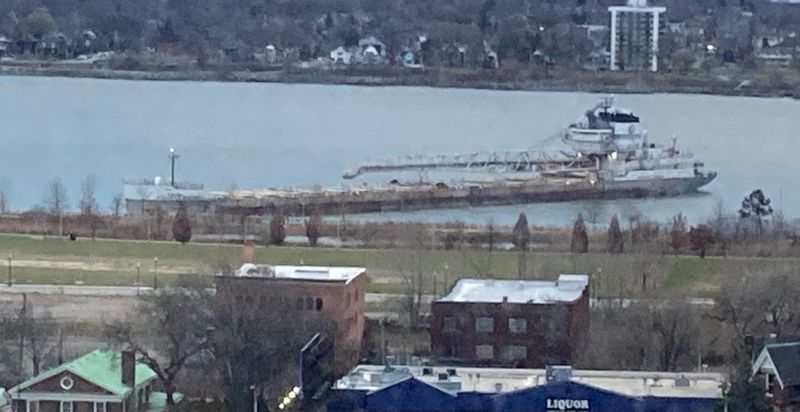 The Robert S. Pierson freighter, shown Thanksgiving morning, Thursday, Nov. 27, 2025 in Detroit, is grounded on the Detroit River.