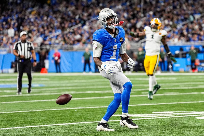 Detroit Lions wide receiver Jameson Williams (1) reacts after missing a pass intended for him against Green Bay Packers during the second half at Ford Field in Detroit on Thursday, Nov. 27, 2025.