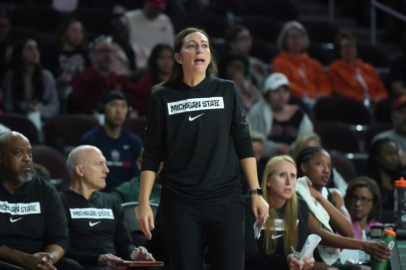 Feb 19, 2025; Los Angeles, California, USA; Michigan State Spartans head coach Robyn Fralick reacts against the Southern California Trojans in the first half at the Galen Center. Mandatory Credit: Kirby Lee-Imagn Images