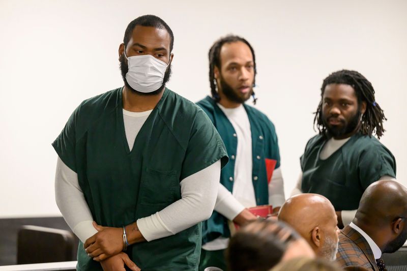 From left: Terrance Blue, Demontrel Wilson, and Deonate Cherry arrive for a preliminary examination at 36th District Court, in Detroit, December 3, 2025. The three Detroit men have been charged in connection with the fatal shooting of Rylee Love of Detroit, who was hit by a stray bullet fired from a vehicle. David Guralnick, Detroit News