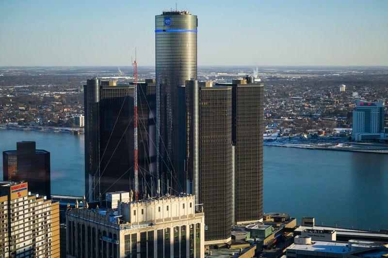 The Renaissance Center is visible from the 45th floor of Hudson's Detroit on Thursday, Dec. 4, 2025.