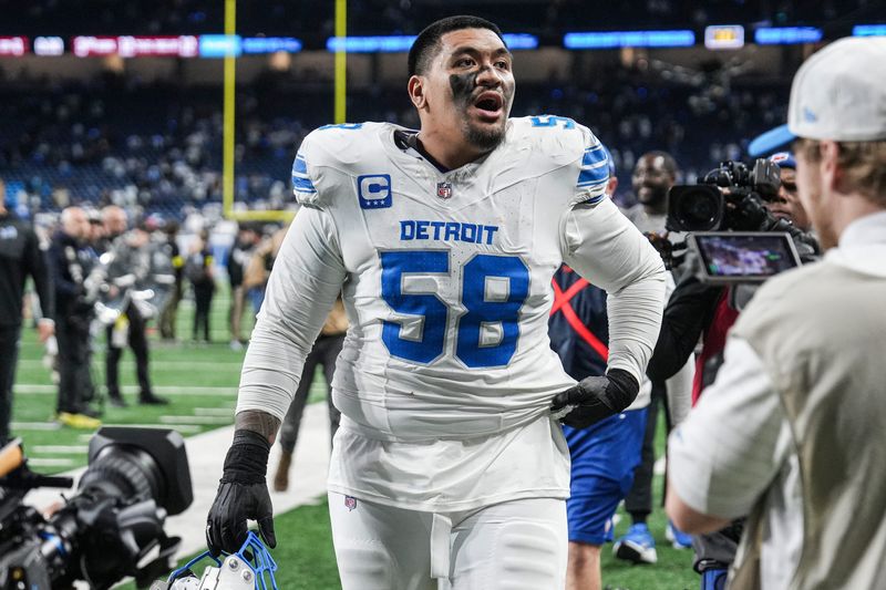 Detroit Lions offensive tackle Penei Sewell (58) walks off the field after 44-30 win over Dallas Cowboys at Ford Field in Detroit on Thursday, Dec. 4, 2025.