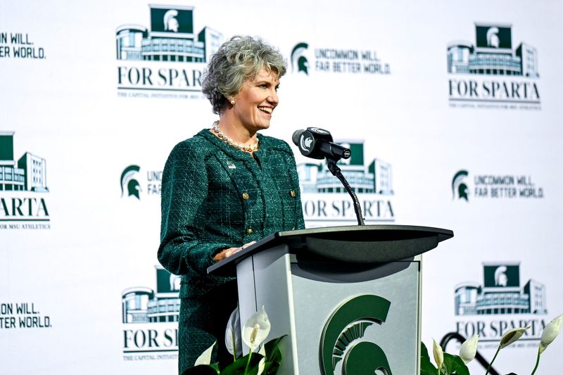 Kim Tobin, vice president for Michigan State University Advancement, speaks during an event announcing the $401 million donation to Michigan State University from Greg and Dawn Williams on Friday, Dec. 5, 2025, at the Breslin Center in East Lansing.