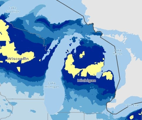 Predicted snowfall amounts for Michigan by Friday, Dec. 12. Yellow shading indicates higher accumulations at 5-6 inches. Blue shading indicates lighter amounts at 0.1-4 inches.