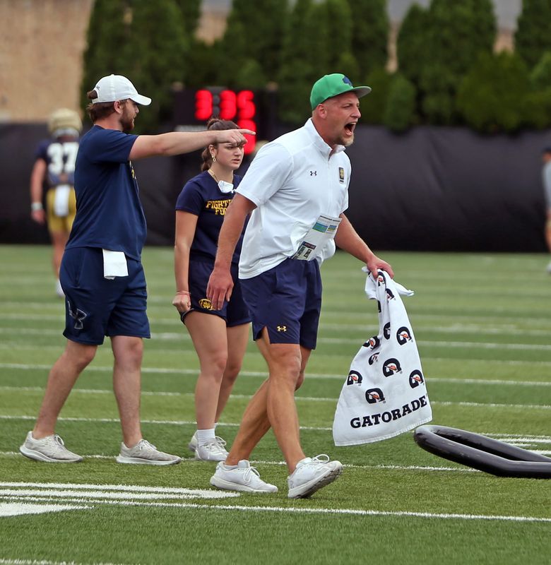 Notre Dame linebackers coach Max Bullough screams in a drill during a practice Friday, August 2, 2024, at the Irish Athletics Center in South Bend.