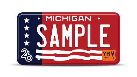 Michigan's red, white, and blue license plate.