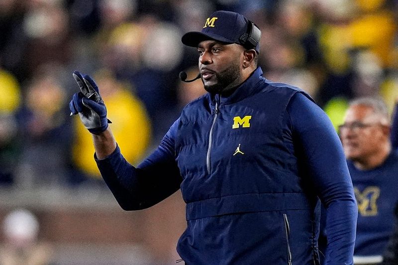 Michigan head coach Sherrone Moore reacts to a play against Purdue during the second half at Michigan Stadium in Ann Arbor on Saturday, November 1, 2025.