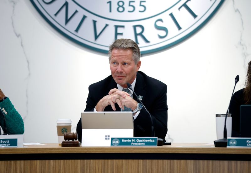 MSU president Kevin M. Guskiewicz is shown during the Michigan State University Board of Trustees meeting, Friday, Dec. 12, 2025, in East Lansing.