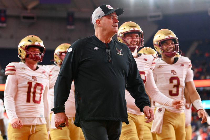 Nov 29, 2025; Syracuse, New York, USA; Boston College Eagles head coach Bill O'Brien walks off the field prior to the game against the Syracuse Orange at the JMA Wireless Dome. Mandatory Credit: Rich Barnes-Imagn Images