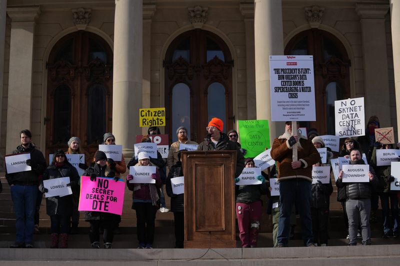 Mitch Distin, director and CEO of The New People Foundation, speaks Tuesday, Dec. 16, 2025, during the Michiganders Against Data Centers rally at the state Capitol in Lansing.