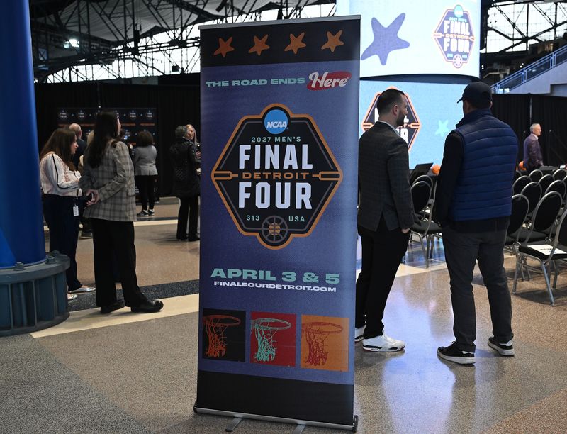 The official logo is revealed after a press conference to unveil the 2027 NCAA Tournament Final Four logo. The Final Four in 2027 will be played at Ford Field in Detroit on April 2, 2027, in Detroit, MI.