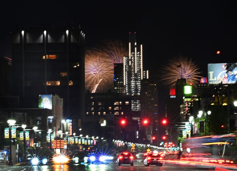 The Ford Fireworks, with the new Hudsons Detroit building, over the Detroit River in downtown Detroit, Michigan on June 23, 2025.