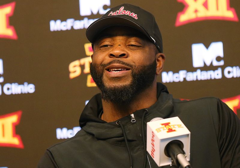 Iowa State's cornerback coach Hank Poteat talks to media at the school football facility on Wednesday, April 10, 2024, in Ames, Iowa.