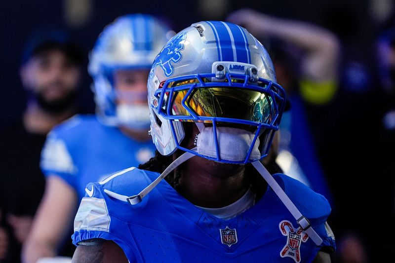 Detroit Lions running back Jahmyr Gibbs (0) walks down the tunnel for warm up at Ford Field in Detroit on Sunday, Dec. 21, 2025.