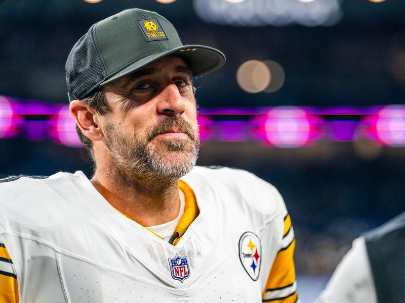 Pittsburgh Steelers quarterback Aaron Rodgers (8) after defeating the Detroit Lions at Ford Field on Sunday, Dec. 21, 2025.