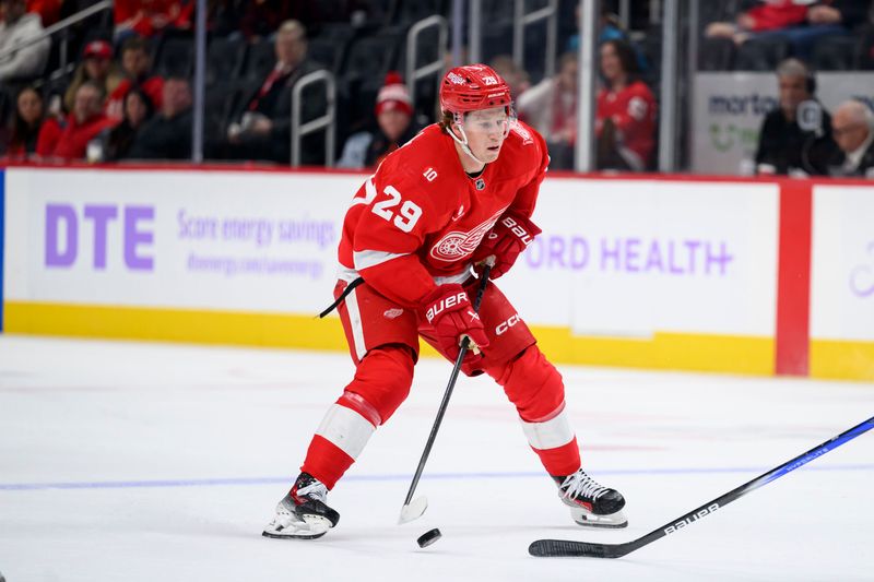 Detroit center Nate Danielson during the third period of a game between the Detroit Red Wings and the New York Islanders at Little Caesars Arena, in Detroit, November 20, 2025.