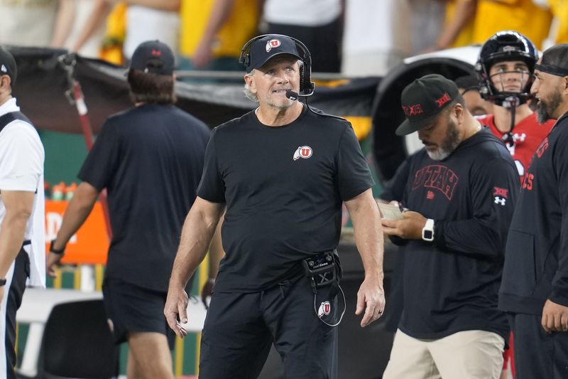 Nov 15, 2025; Waco, Texas, USA; Utah Utes head coach Kyle Whittingham looks on from the sidelines during the first half against the Baylor Bears at McLane Stadium. Mandatory Credit: Chris Jones-Imagn Images