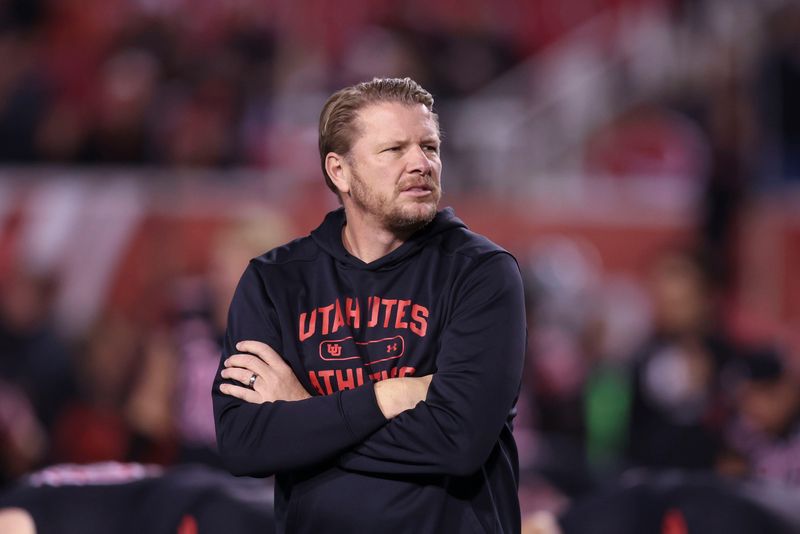 Utah Utes offensive coordinator Jason Beck looks on before the game against the Cincinnati Bearcats at Rice-Eccles Stadium in Salt Lake City on Nov. 1, 2025.