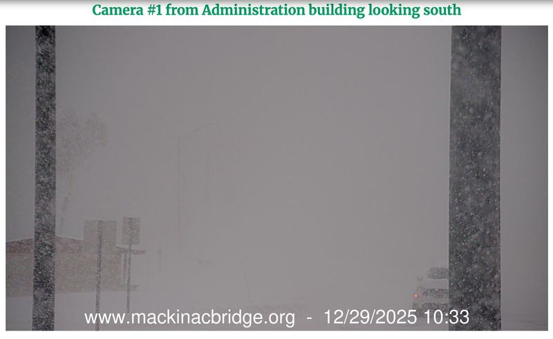 Heavy snow and high winds completely obscure the Mackinac Bridge from view on the Mackinac Bridge Authority's live cams on Dec. 29, 2025.
