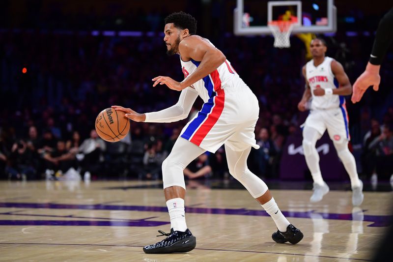 Detroit Pistons forward Tobias Harris (12) controls the ball against the Los Angeles Lakers during the first half at Crypto.com Arena in Los Angeles on Tuesday, Dec. 30, 2025.