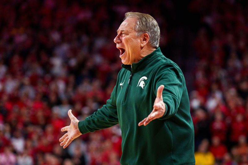 Jan 2, 2026; Lincoln, Nebraska, USA; Michigan State Spartans head coach Tom Izzo reacts to a foul against the Nebraska Cornhuskers during the first half at Pinnacle Bank Arena. Mandatory Credit: Dylan Widger-Imagn Images