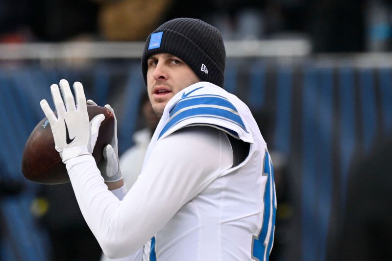 Jan 4, 2026; Chicago, Illinois, USA; Detroit Lions quarterback Jared Goff (16) warms up before the game between the Chicago Bears and the Detroit Lions at Soldier Field. Mandatory Credit: Matt Marton-Imagn Images