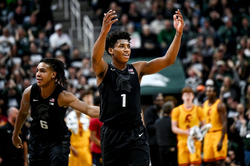 Michigan State's Jeremy Fears Jr. celebrates after his assist to Kur Teng during the second half in the game against USC on Monday, Jan. 5, 2026, at the Breslin Center in East Lansing.